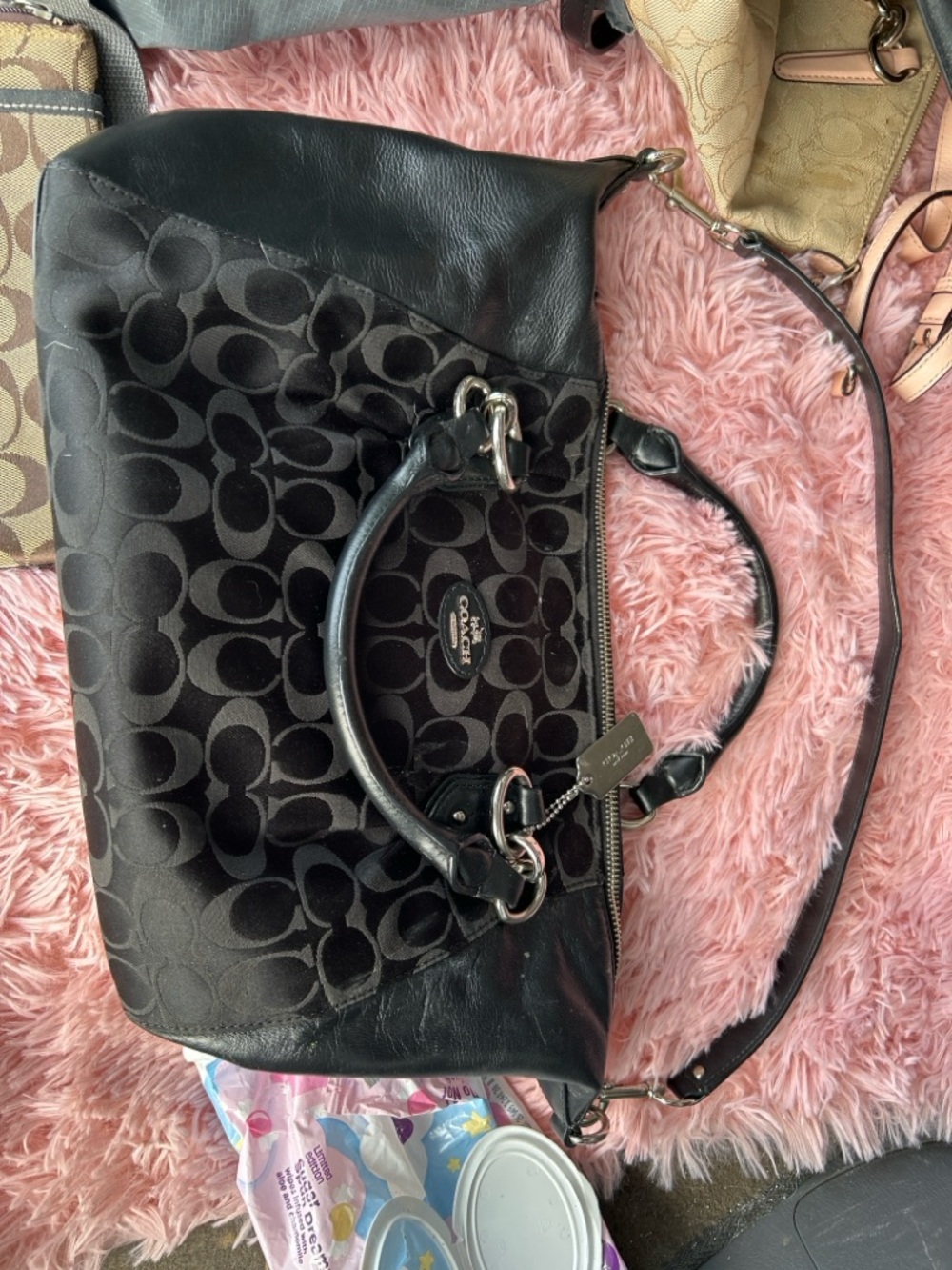 Coach Black Signature Canvas and Leather Satchel with Removable Strap